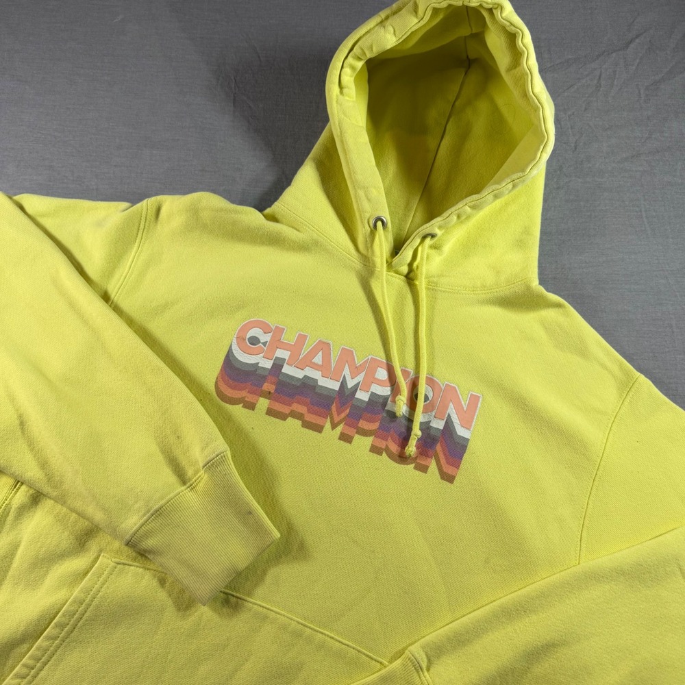 Champion Reverse Weave Hoodie Mens Large‎ Yellow Good Retro Graphic GF68
